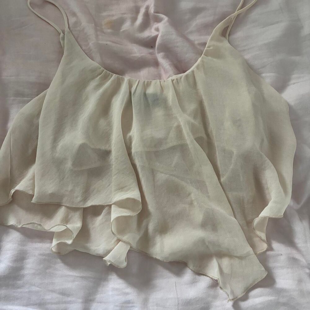 FABRIK Women's Cream Beige Spaghetti Strap Medium Mesh Going Out Crop Top Blouse
